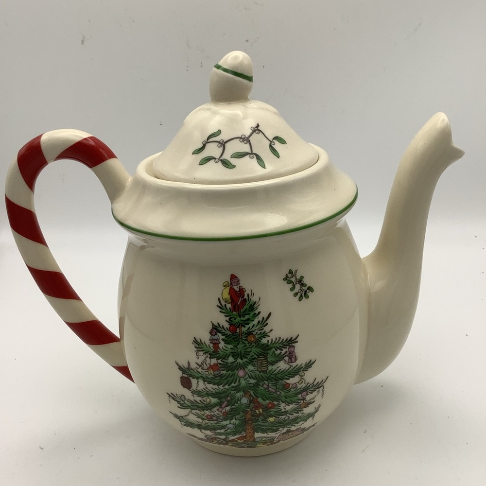 Spode Christmas Tree Peppermint Ceramic Teapot with Candy Cane Stripe Handle